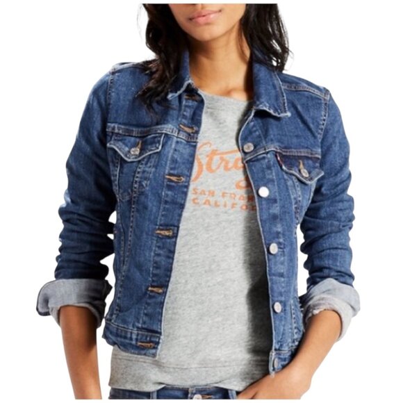 Signature Levi Strauss Denim Jacket Women Sz M Blue Dark Wash Western Trucker - Picture 1 of 10